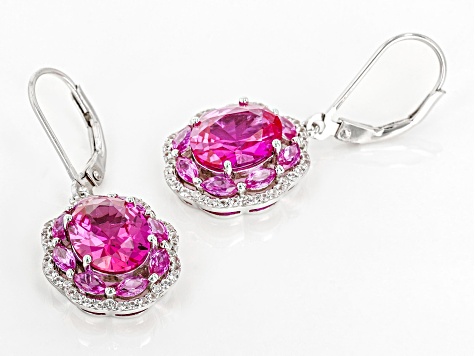 Pink Lab Created Sapphire Rhodium Over Sterling Silver Earrings 7.62ctw