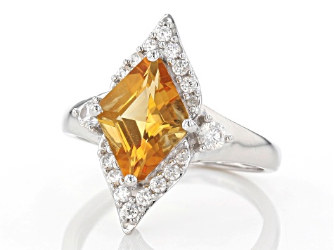Rhombus Citrine and White Zircon Rhodium Over Sterling Silver Ring 2.38ctw