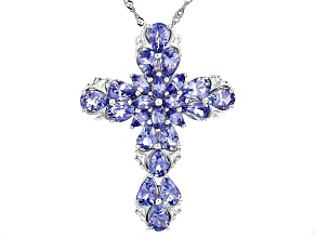 Blue Tanzanite Rhodium Over Sterling Silver Cross Pendant with Chain 5.36ctw
