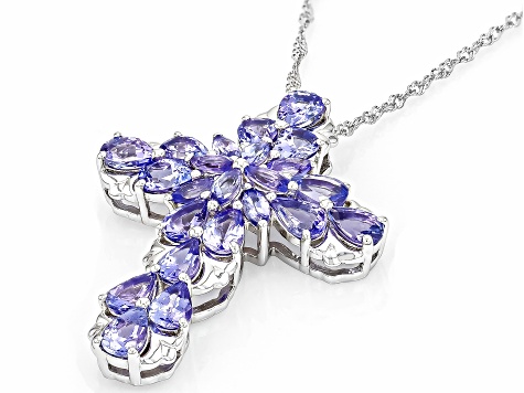 Blue Tanzanite Rhodium Over Sterling Silver Cross Pendant with Chain 5.36ctw
