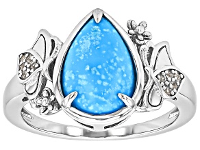 Blue Kingman Turquoise with White Zircon Rhodium Over Sterling Silver Ring 0.04ctw