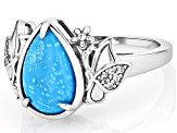 Blue Kingman Turquoise with White Zircon Rhodium Over Sterling Silver Ring 0.04ctw