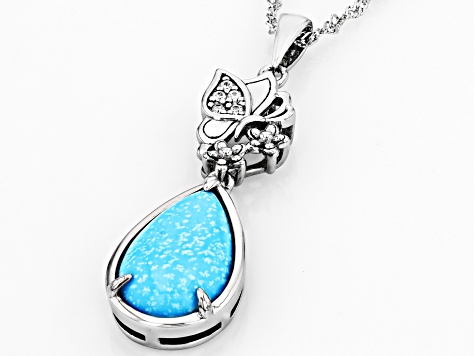 Blue Kingman Turquoise Rhodium Over Sterling Silver Pendant with Chain 0.04ctw - SHD281
