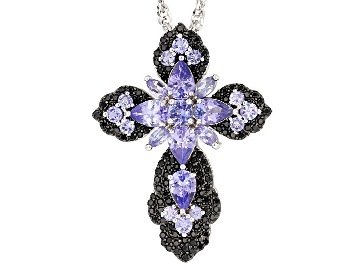 Blue Tanzanite with Black Spinel Rhodium Over Sterling