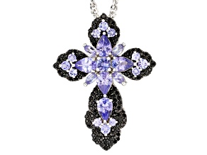Blue Tanzanite with Black Spinel Rhodium Over Sterling Silver Pendant with Chain 3.28ctw
