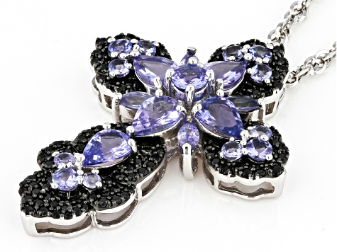 Blue Tanzanite with Black Spinel Rhodium Over Sterling Silver Pendant with Chain 3.28ctw