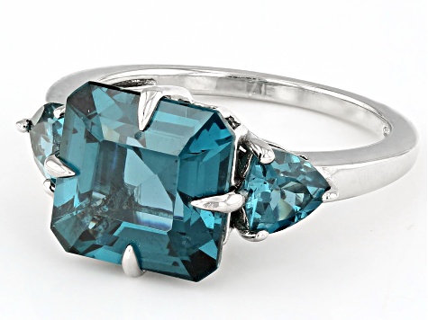 Teal Lab Created Spinel Rhodium Over Sterling Silver Ring 4.68ctw