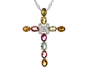 Picture of Multi-Tourmaline with White Zircon Rhodium Over Sterling Silver Pendant with Chain 1.26ctw