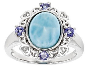 Blue Larimar Rhodium Over Sterling Silver Ring 0.19ctw