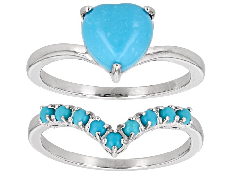 Blue Sleeping Beauty Turquoise Rhodium Over Sterling Silver Set Of Two Rings