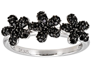 Black Spinel Rhodium Over Sterling Silver Flower Ring 0.56ctw