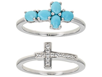 Picture of Blue Sleeping Beauty Turquoise Rhodium Over Sterling Silver Set Of 2 Cross Rings 1.11ctw