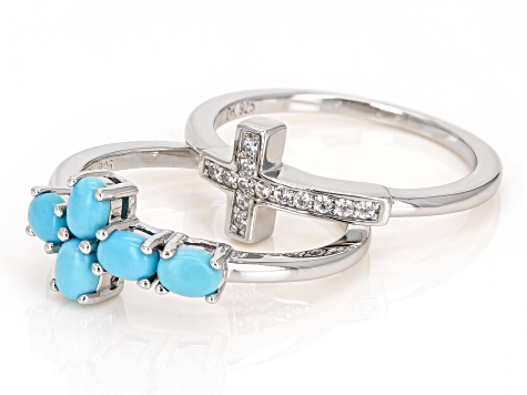 Blue Sleeping Beauty Turquoise Rhodium Over Sterling Silver Set Of 2 Cross Rings 1.11ctw