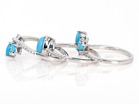 Blue Sleeping Beauty Turquoise Rhodium Over Sterling Silver Set Of 3 Rings 1.56ctw