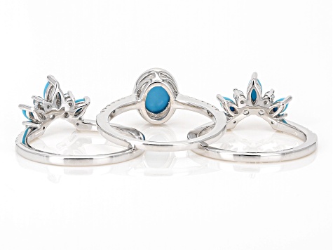 Blue Sleeping Beauty Turquoise Rhodium Over Sterling Silver Set Of 3 Rings 1.56ctw