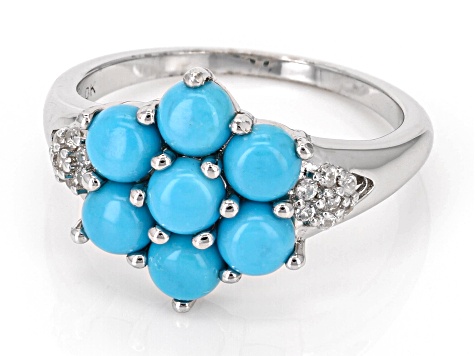 Blue Sleeping Beauty Turquoise Rhodium Over Sterling Silver Cluster Ring 0.12ctw