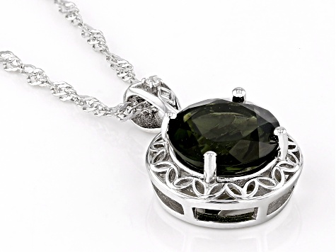 Green Moldavite Rhodium Over Sterling Silver Pendant with Chain 2.01ctw