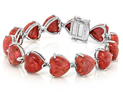 Red Coral Rhodium Over Sterling Silver Bracelet