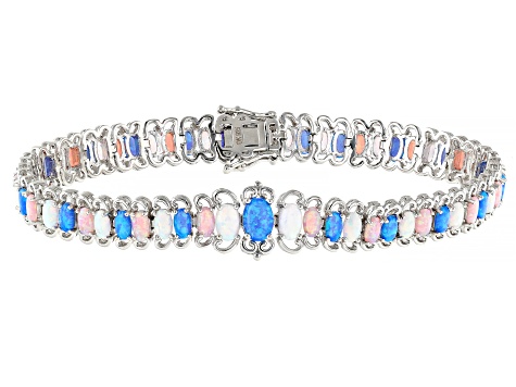 Multi Color Lab Created Opal Rhodium Over Sterling Silver Tennis Bracelet