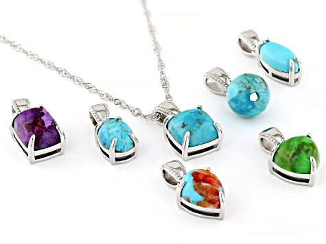 Multi-Stone Rhodium Over Sterling Silver Set of 7 Pendants with Chain