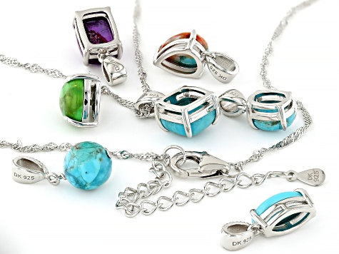 Multi-Stone Rhodium Over Sterling Silver Set of 7 Pendants with Chain