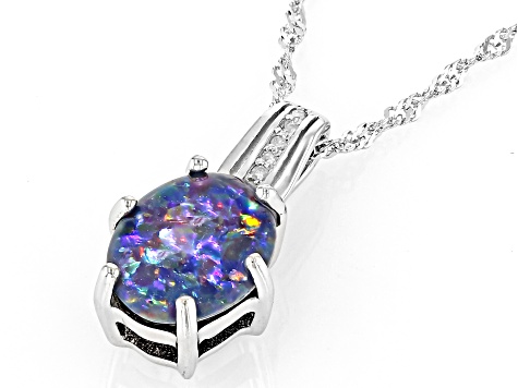 Multi Color Australian Opal Triplet Rhodium Over Sterling Silver Pendant with Chain