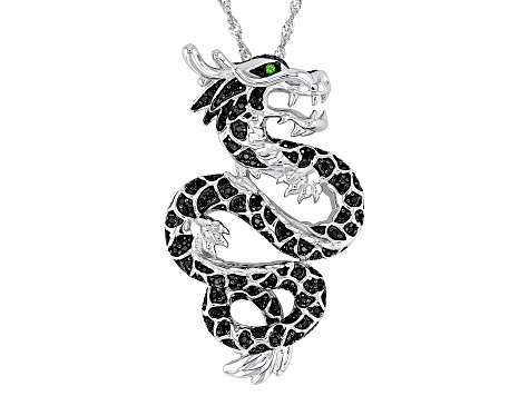 Black Spinel Rhodium Over Sterling Silver Dragon Pendant with Chain 0.44ctw