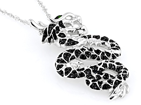 Black Spinel Rhodium Over Sterling Silver Dragon Pendant with Chain 0.44ctw