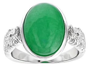 Green Jadeite Rhodium Over Sterling Silver Dragon Ring