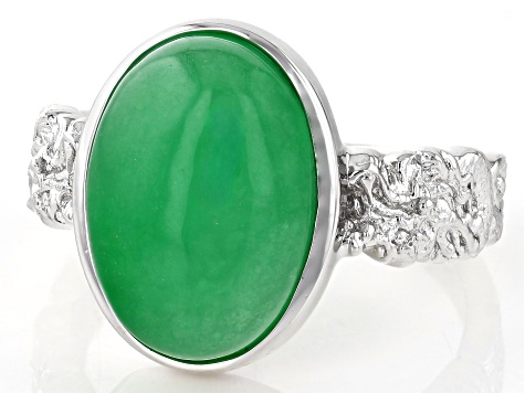 Green Jadeite Rhodium Over Sterling Silver Dragon Ring