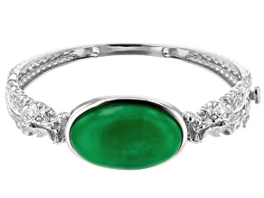 Green Jadeite Rhodium Over Sterling Silver Dragon Bangle Bracelet