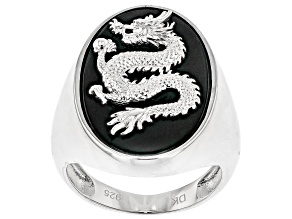 Black Onyx Rhodium Over Sterling Silver Men's Carved Dragon Ring