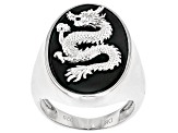 Black Onyx Rhodium Over Sterling Silver Men's Carved Dragon Ring
