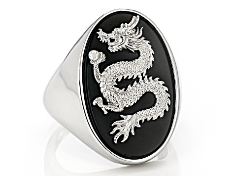 Black Onyx Rhodium Over Sterling Silver Men's Carved Dragon Ring