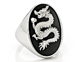 Black Onyx Rhodium Over Sterling Silver Men's Carved Dragon Ring