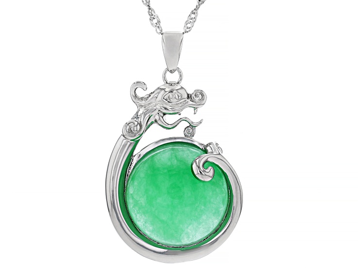Green Jadeite Rhodium Over Sterling Silver Dragon Pendant with