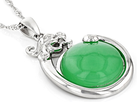 Green Jadeite Rhodium Over Sterling Silver Dragon Pendant with