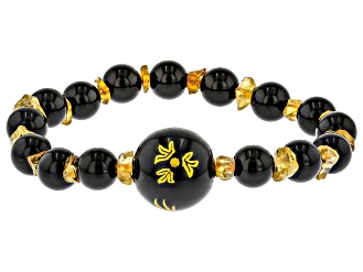 Black Onyx with Citrine Carved Dragon Stretch Bracelet 4.34ctw