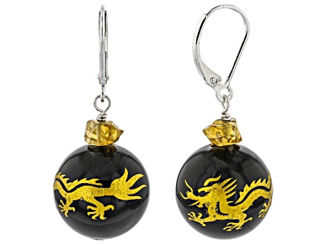 Black Onyx with Citrine Rhodium Over Sterling Silver Carved Dragon Earrings 0.51ctw