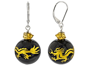 Black Onyx with Citrine Rhodium Over Sterling Silver Carved Dragon Earrings 0.51ctw