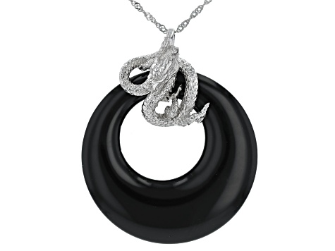 Black Agate Rhodium Over Sterling Silver Pendant with Chain