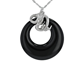 Black Agate Rhodium Over Sterling Silver Pendant with Chain