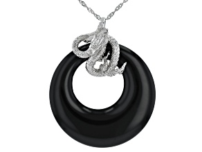 Black Agate Rhodium Over Sterling Silver Pendant with Chain
