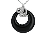 Black Agate Rhodium Over Sterling Silver Pendant with Chain