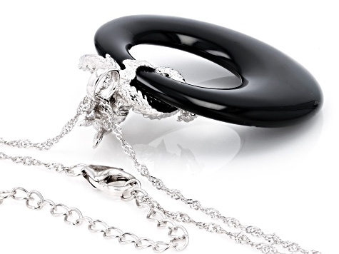 Black Agate Rhodium Over Sterling Silver Pendant with Chain