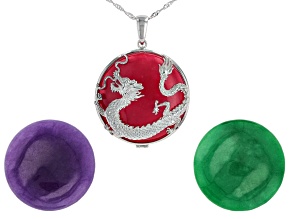 Multi-Color Jadeite Rhodium Over Sterling Silver Interchangeable Pendant with Chain