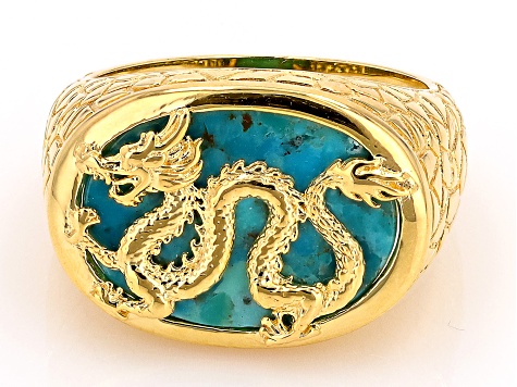 Blue Composite Turquoise 18k Yellow Gold Over Sterling Silver Dragon Ring