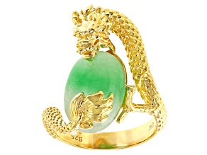 Green Jadeite 18k Yellow Gold Over Sterling Silver Dragon Ring