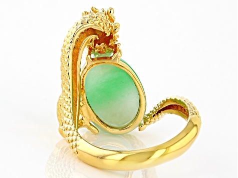 Green Jadeite 18k Yellow Gold Over Sterling Silver Dragon Ring