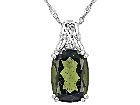 Green Moldavite Rhodium Over Sterling Silver Pendant with Chain 4.06ctw